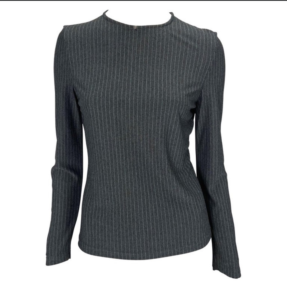 1990s Gianni Versace Couture Grey Pinstripe Stretch Medusa Blouse Top Size 46